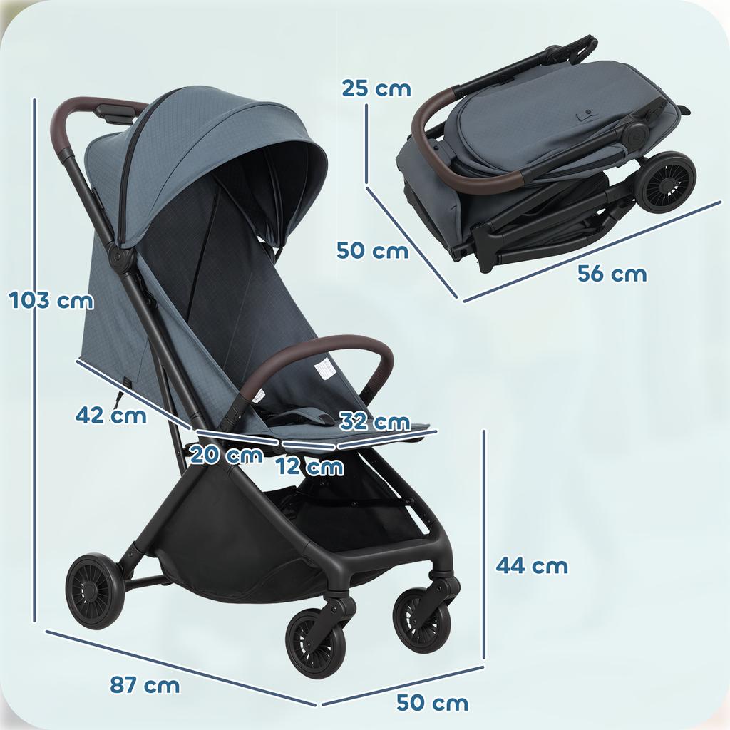 Foldable Baby Stroller, Reclining Backrest, Footrest, Canopy, 5-Point Harness, 15 kg, Dark Blue