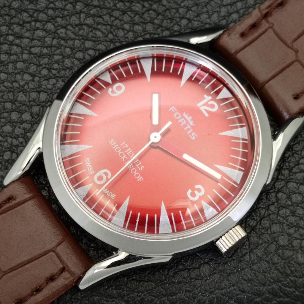 VINTAGE HAND-WINDING SWISS MENS REFURBISHED RED COLOR DIAL WATCH a701017-5 R205a-a701017