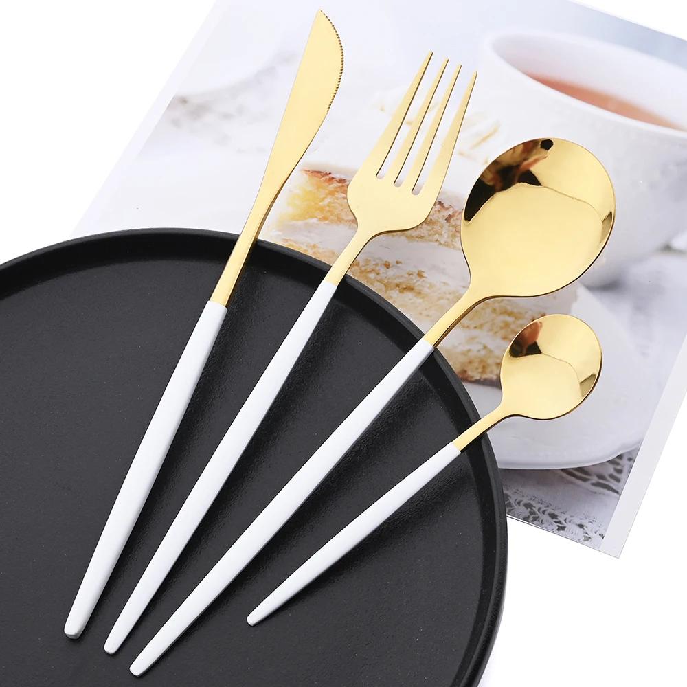32Pcs Red Gold Dinnerware Stainless Steel Cutlery Set Knife Fork Tea Spoon Drink Straw Flatware Set Kitchen Flatware Tableware