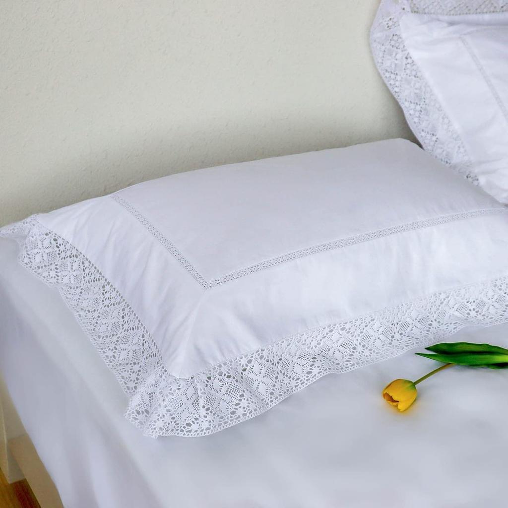 Set of 2 Lace Embroidery Pillow Cases, 100% Cotton Queen Size, White Good Feeling Pillow Covers with Envelope Closure, Softer and Breathable Pillow