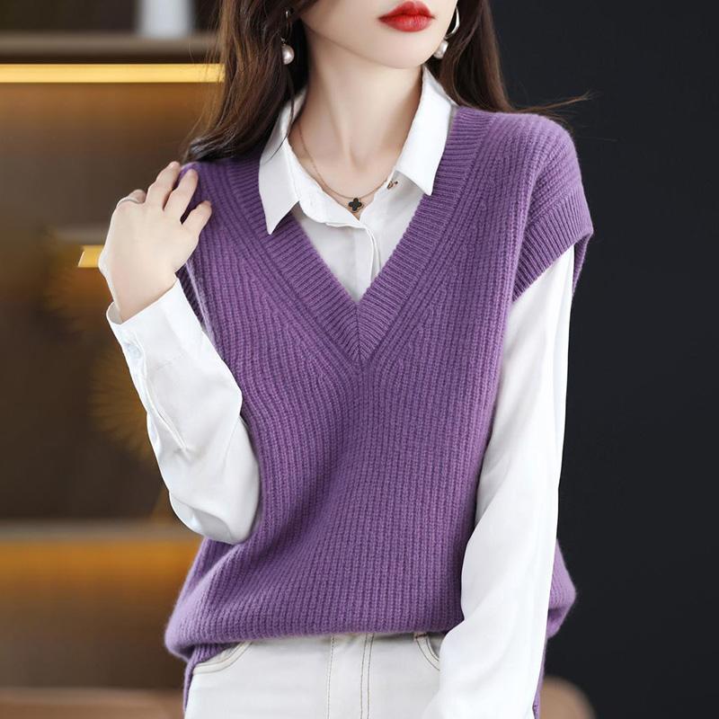 Dzianinowa kamizelka damska z dekoltem w szpic, jednokolorowa, luźna bluza, wygodne, ciepłe, wszechstronne, dzianinowe bluzki bez rękawów