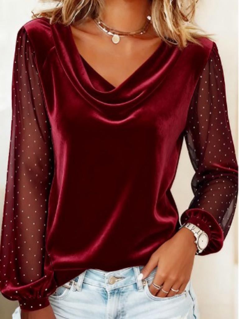 New Women's Solid V-Neck Mesh Long Sleeve T-Shirt with Rhinestones