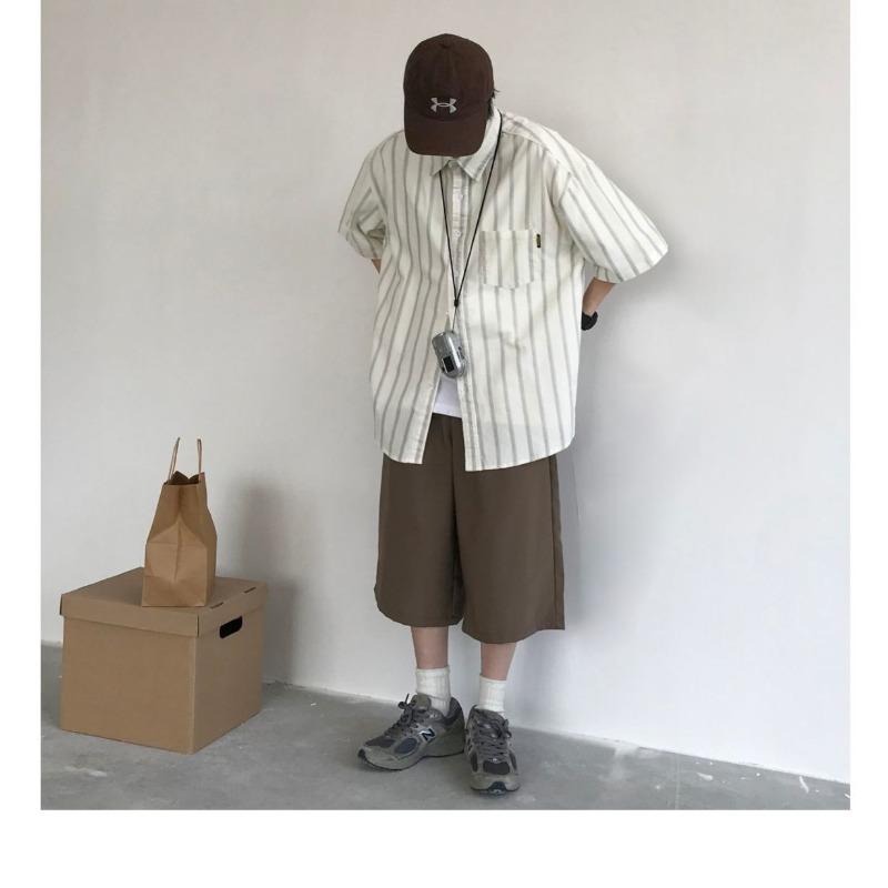 Men's Casual Loose Striped Shirt Oversized Half Sleeve Button Down Cotton Blend Top