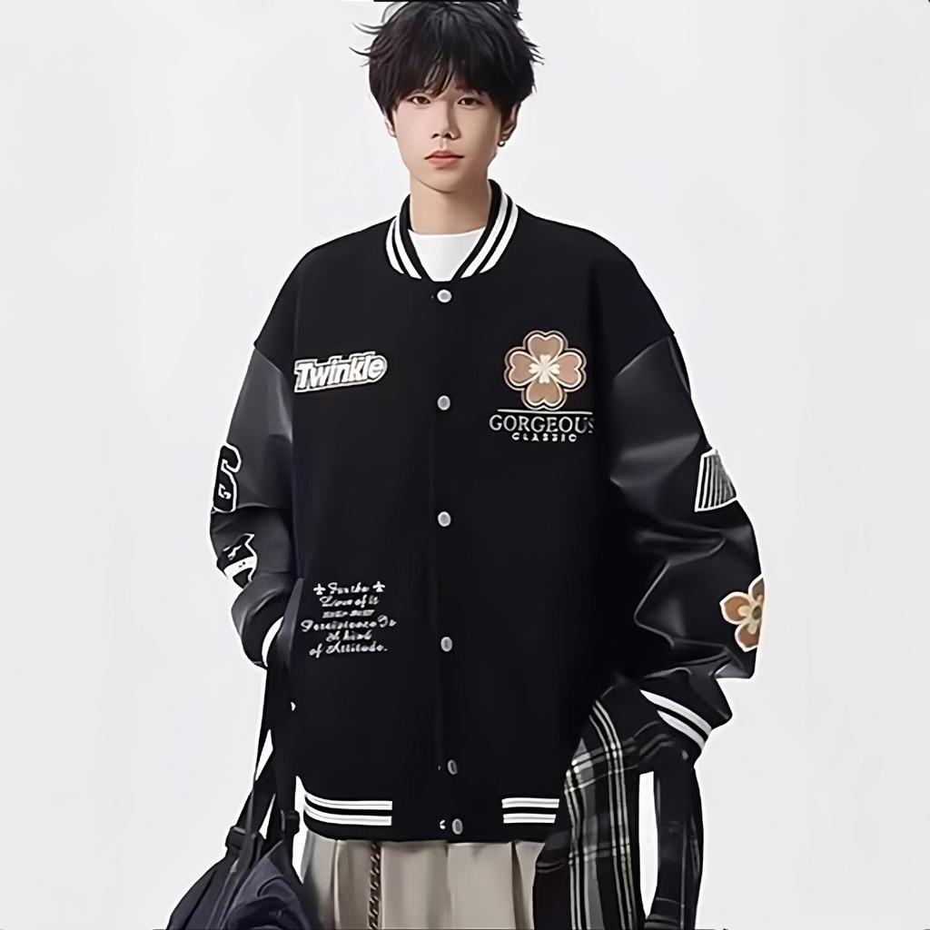 Trendy Men's Heavyweight Embroidered Baseball Jacket: Hip-Hop Street Style, Loose Fit, Wool Blend PU Leather, Perfect for Spring & Autumn