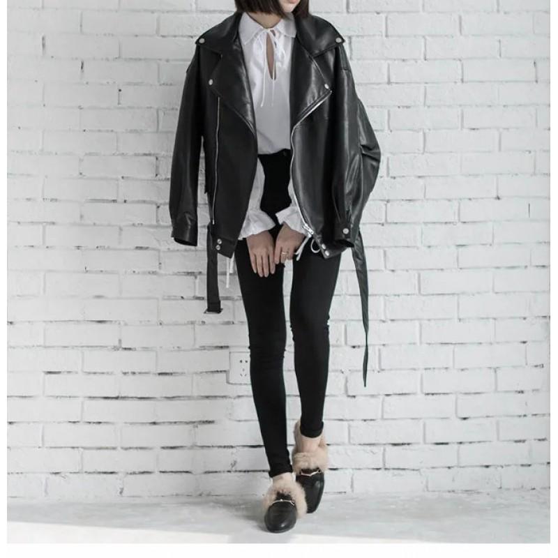 Womens Oversized PU Leather Jacket Loose Fit Streetwear Moto Style Long Sleeve Casual Outerwear