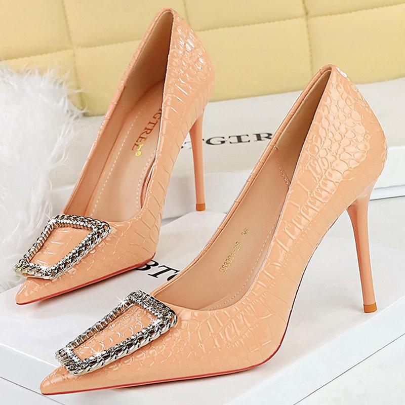 shoes Stone patterned patent leather Women Pumps Rhinestone buckle High Heels 10 CM Stiletto Luxury banquet shoes women