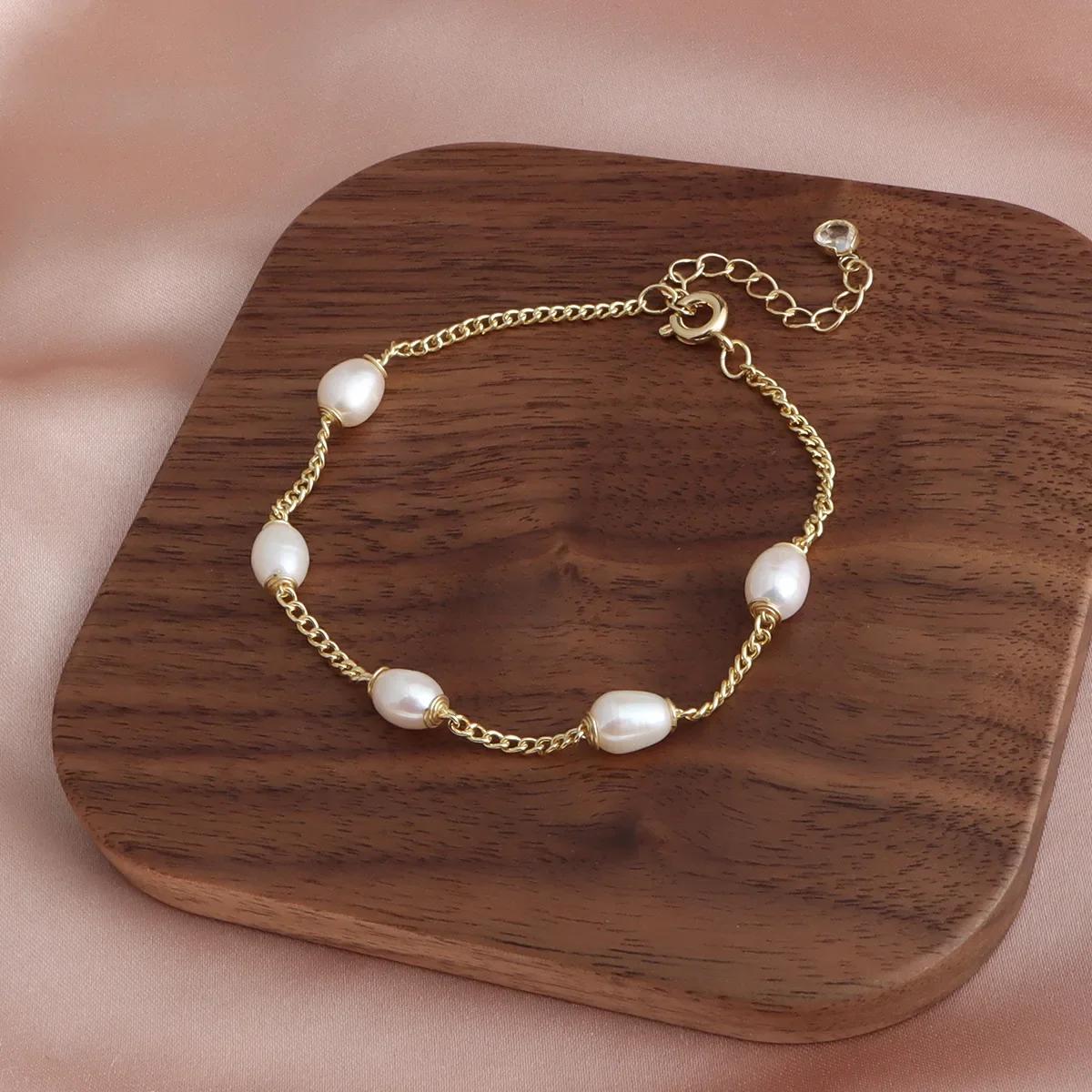 

14K Real Gold Plated Copper Casual Accessories Dainty Irregular Freshwater Pearl Beaded Strand Bracelets for Women Girls