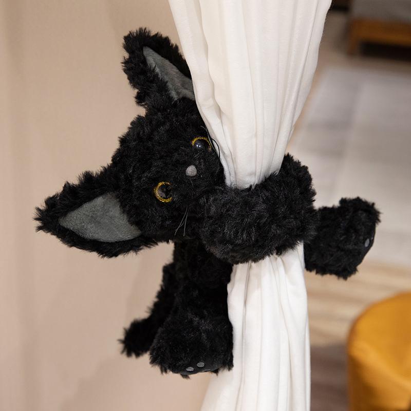 Cute Black Cat Plush Toy Throw Pillow Khaki Curly KUKI Black Cat Long Hair Doll Stuffed Animals Festive Gifts for Kids Birthday