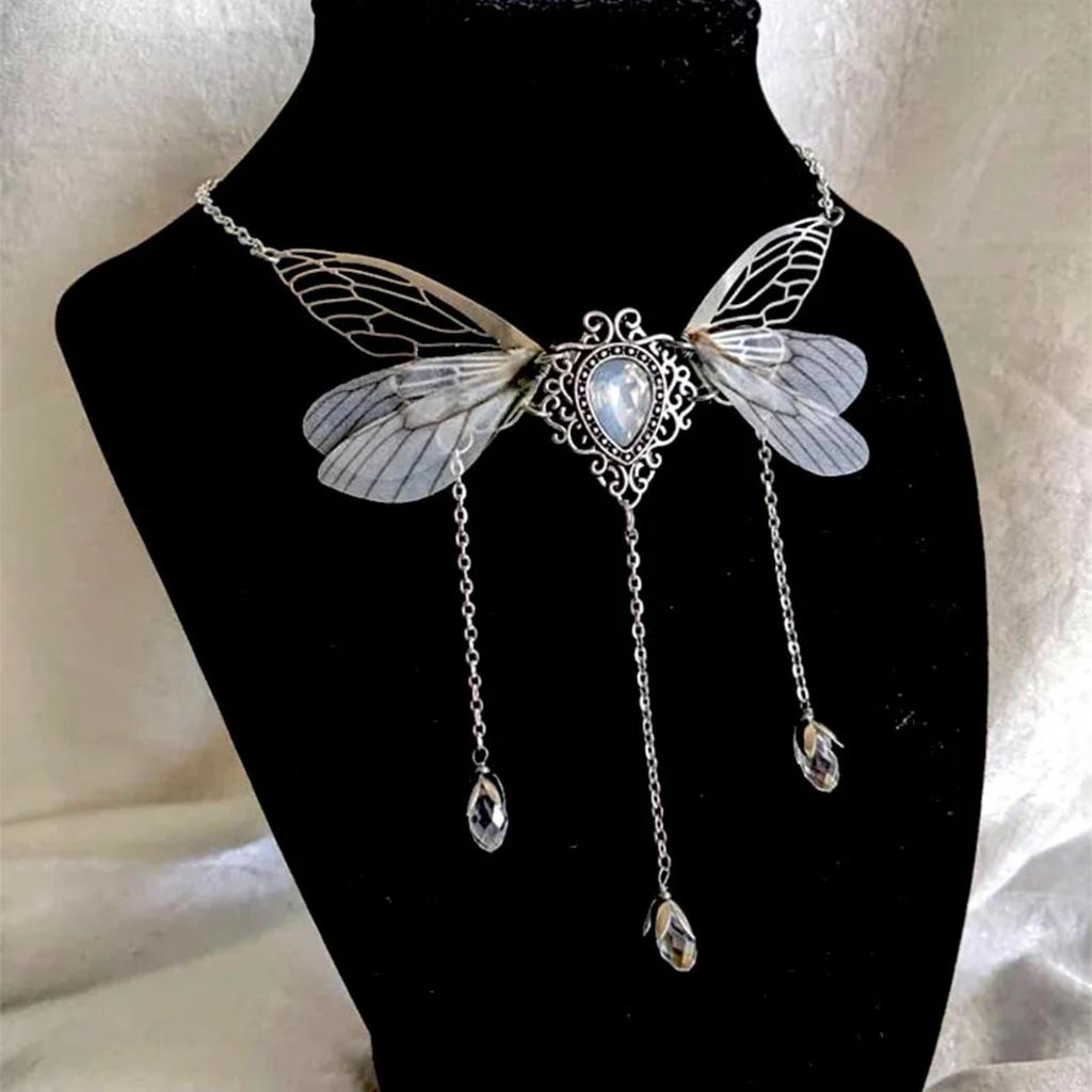 Enchanted Faerie Queen Necklace Wing Charm Goth Aesthetic Fashion Necklaces Y2k Summer Jewelry