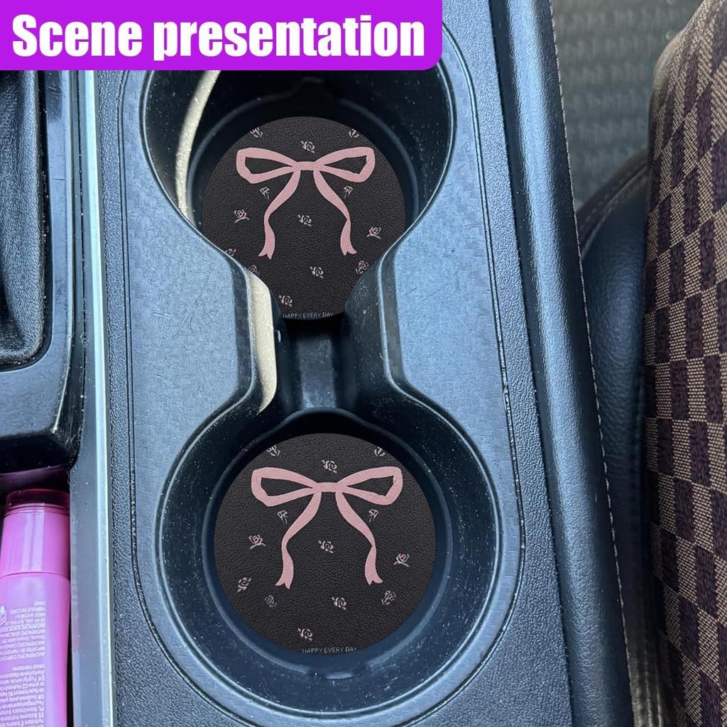 Pink Bow Car Cup Holder Coaster, 2.77 Inch Anti Slip Shockproof Automotive Drink Mat, Cute Flowers Vehicle Interior Decoration Accessories for Women,
