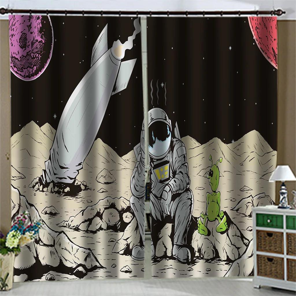 Spaceman Astronaut 3D Printed Thin Curtain for Boys and Girls, Space Galaxy, Cosmonaut, Children's Bedroom Window Curtain