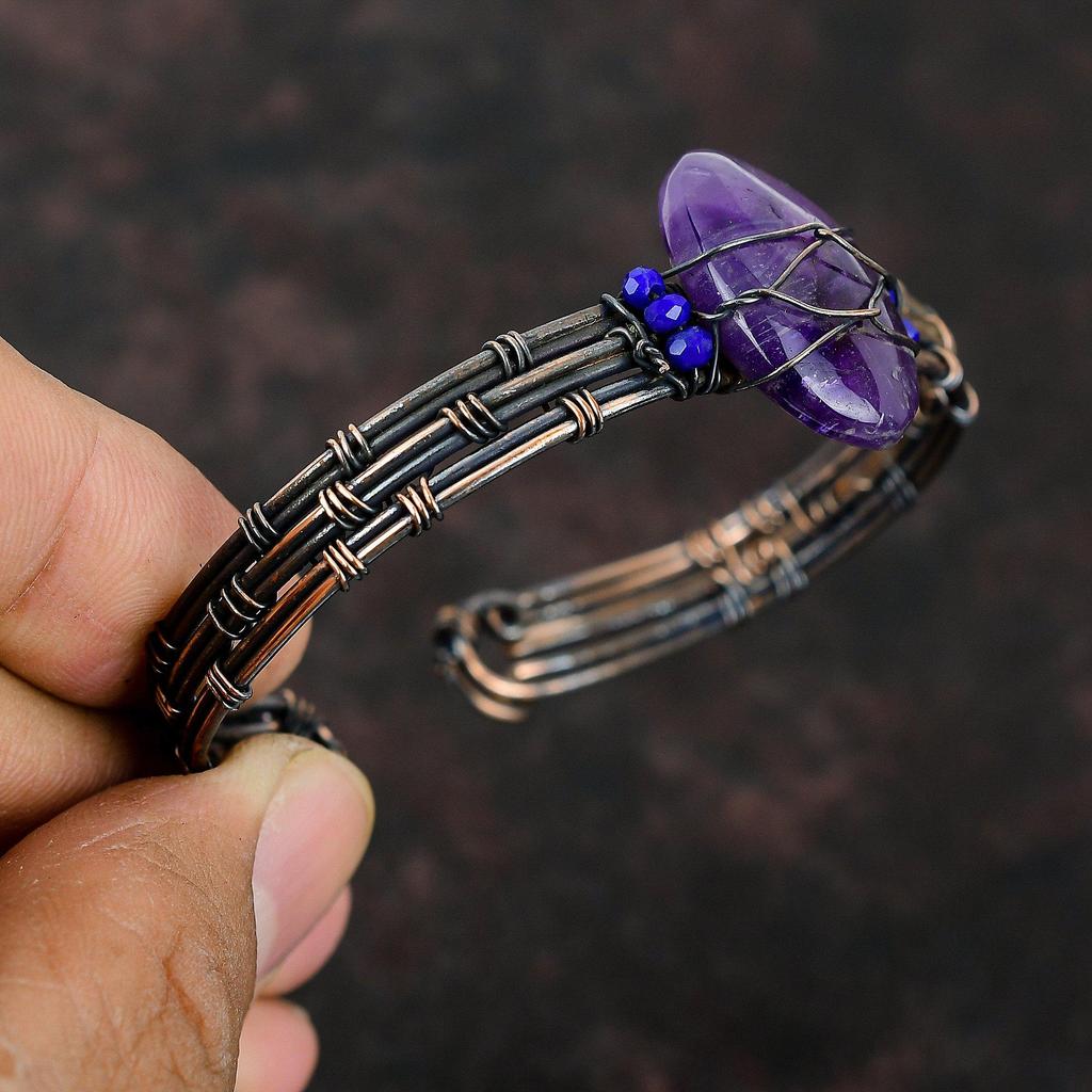 Star Amethyst Cuff Bracelet Lapis Lazuli Beads Bangle Copper Wire Wrapped Jewelry Adjustable Cuff Bracelet Gemstone Jewelry Handmade Bangle