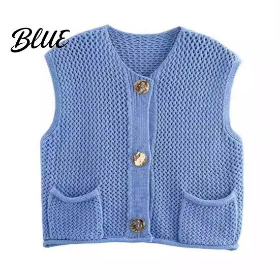 Vielseitige Damen Strickweste V-Ausschnitt Ärmellos Einreihig Mit Taschen Oberteil Zum Layering Weste Einfarbig Strickware