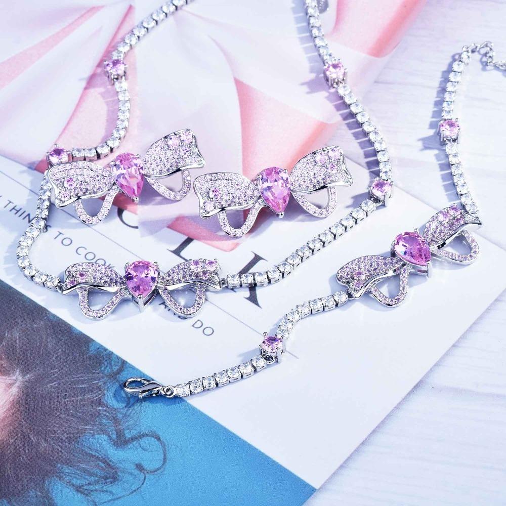 Elegant Women Jewelry Set Pink Zircon Bow Choker Necklace Bracelet Earrings Fashion Luxury Gift