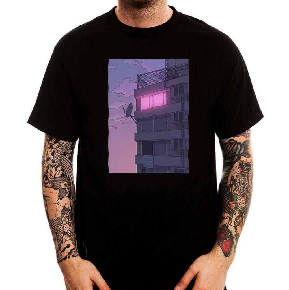 Anime Building Pink Light Japan Tokyo Aesthetic Printed Cotton  T-Shirt Top 140