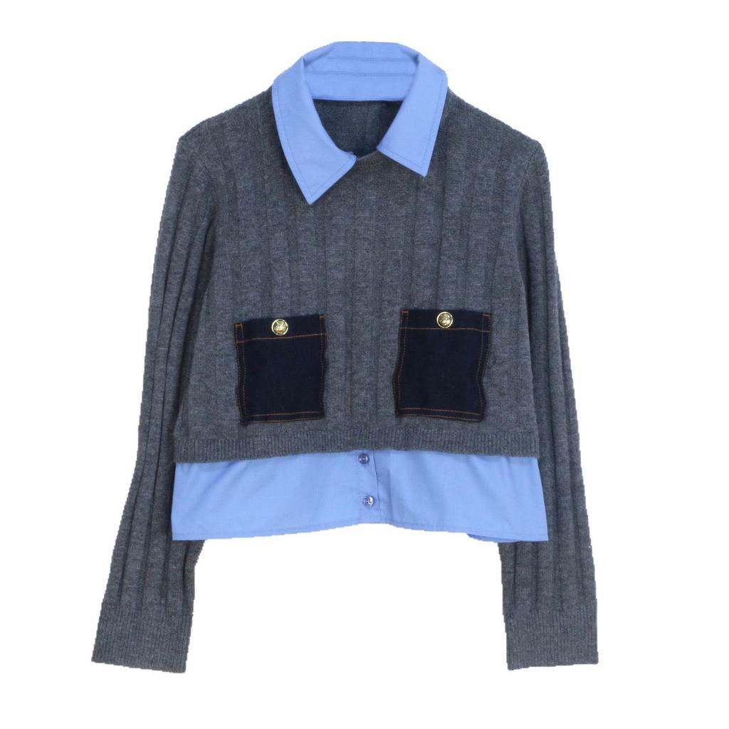 French Niche 2025 Spring-Autumn Color Block Knit Pullover Sweater with Shirt Collar