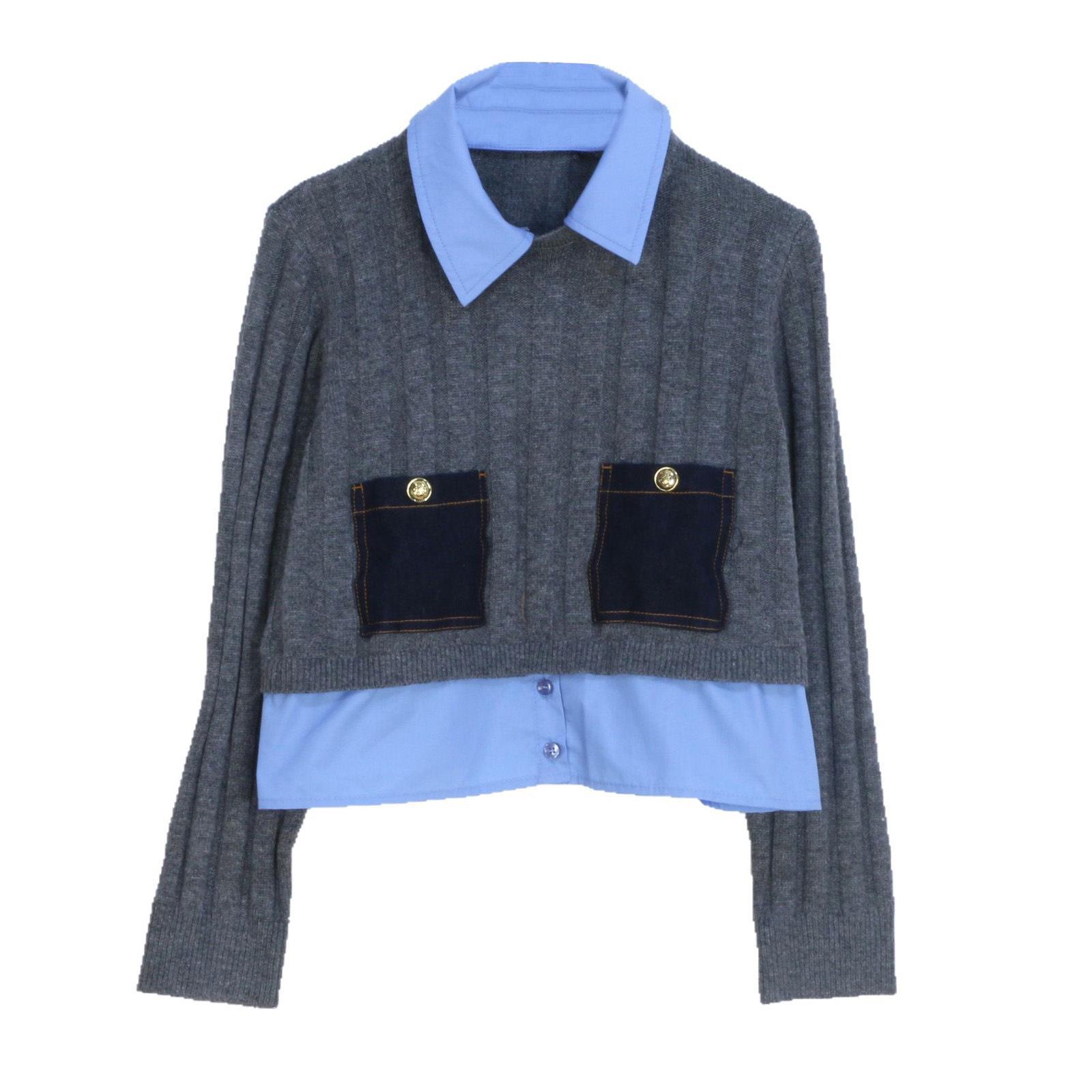 

French Niche 2025 Spring-Autumn Color Block Knit Pullover Sweater with Shirt Collar Medium