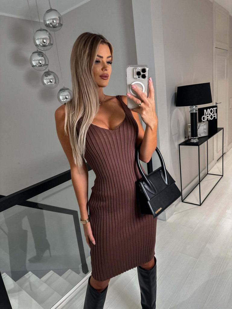 2023 European and American Autumn Fashion Set: Ribbed Long-Sleeved Top + Camisole Dress for Women