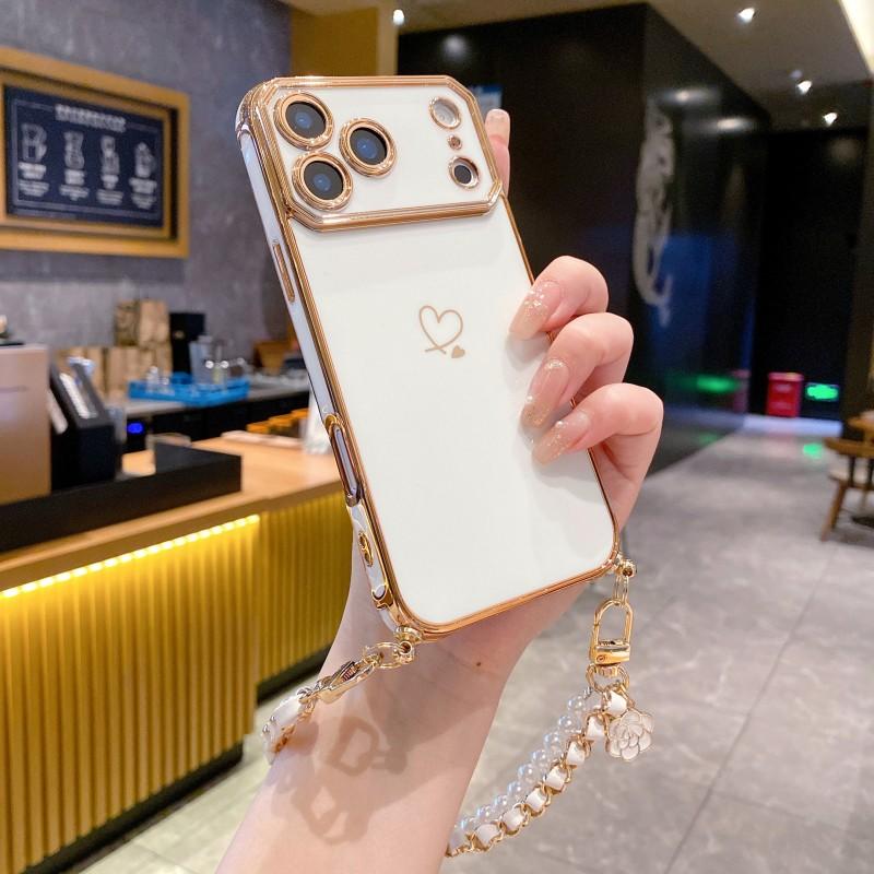 Pearl Strap Case For iPhone 17 Pro Max 16 14 13 15 Plus Air Plating Love Camera Protector Shockproof Soft Metal Lanyard Cover