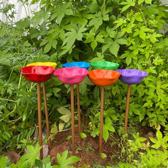 Metal Flower Garden Stake Pollinator Watering Station Mini Bird Bath Drinking Bowl for Bees Butterflies Birds Outdoor Yard