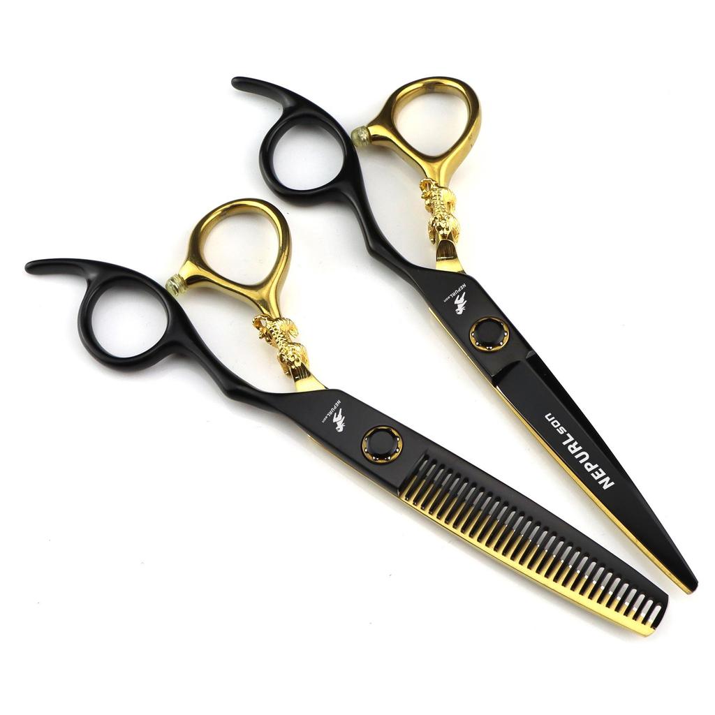 6.0" Napsen Black & Gold Hairdressing Scissors - Straight & Thinning Shears (Little Gold Tiger Design)