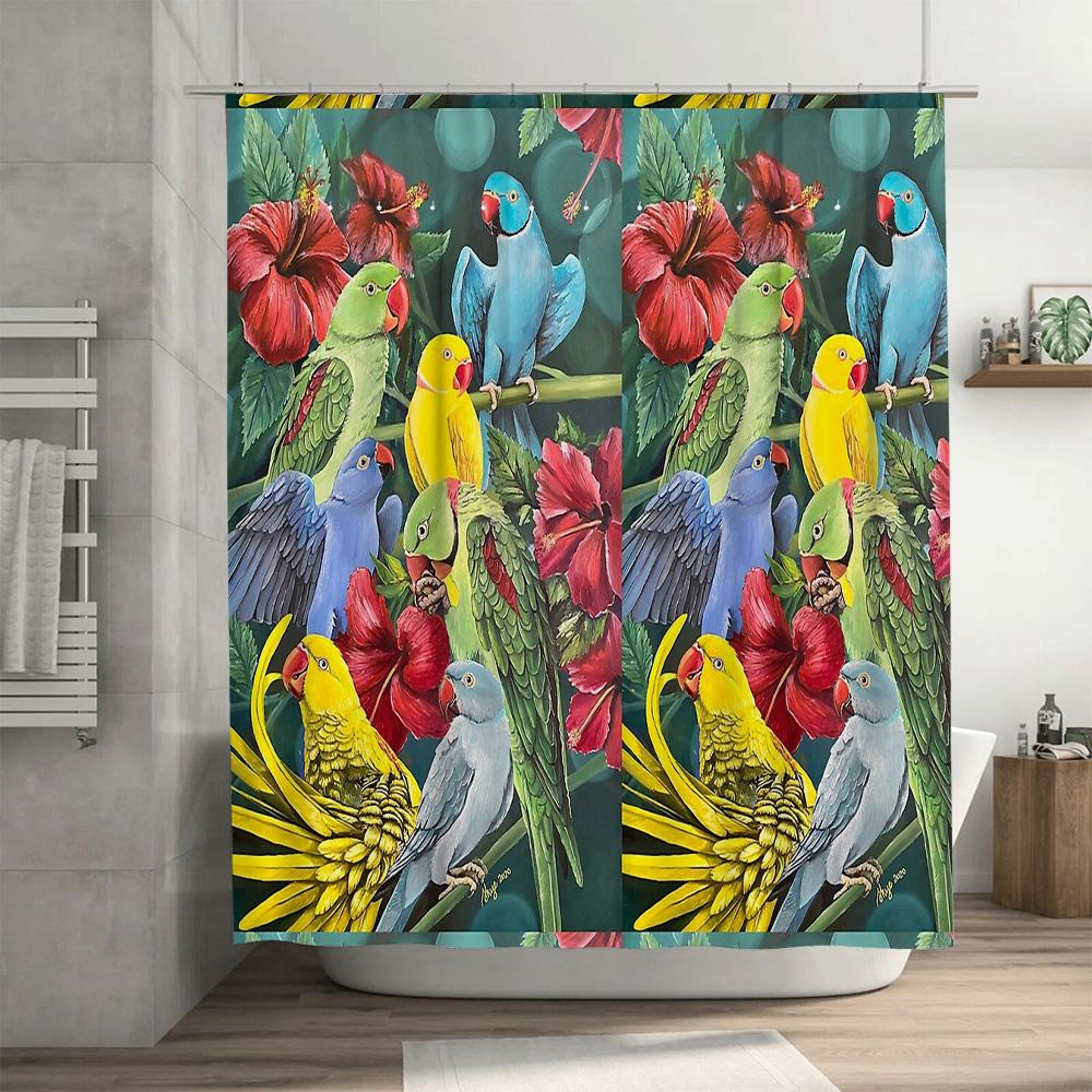 Tenda da Doccia Uccello Tropicale Foresta Botanica Natura Arredo Bagno Verde Acqua Blu Colorato Fauna Selvatica Esotica Arredo Casa