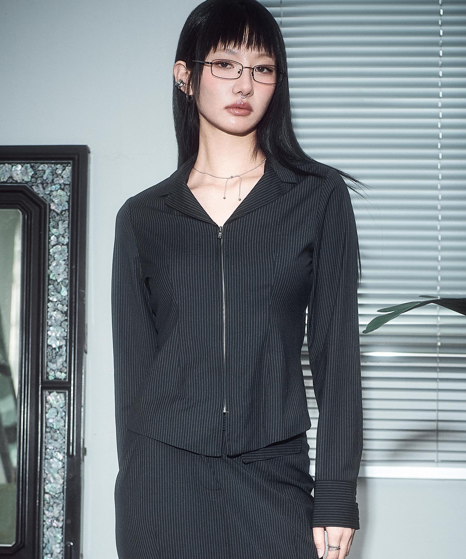 Dear Me Zip-Up Slim Shirt Jacket [Black Stripe] S