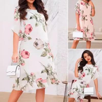 Elegant European & American Women's Loose Fit Round Neck Chiffon Dress with Trendy Print