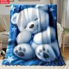 Blue Background Teddy Bear Flannel Blanket Lightweight Digital Print Throw for Sofa Camping Office Bed Winter Warm