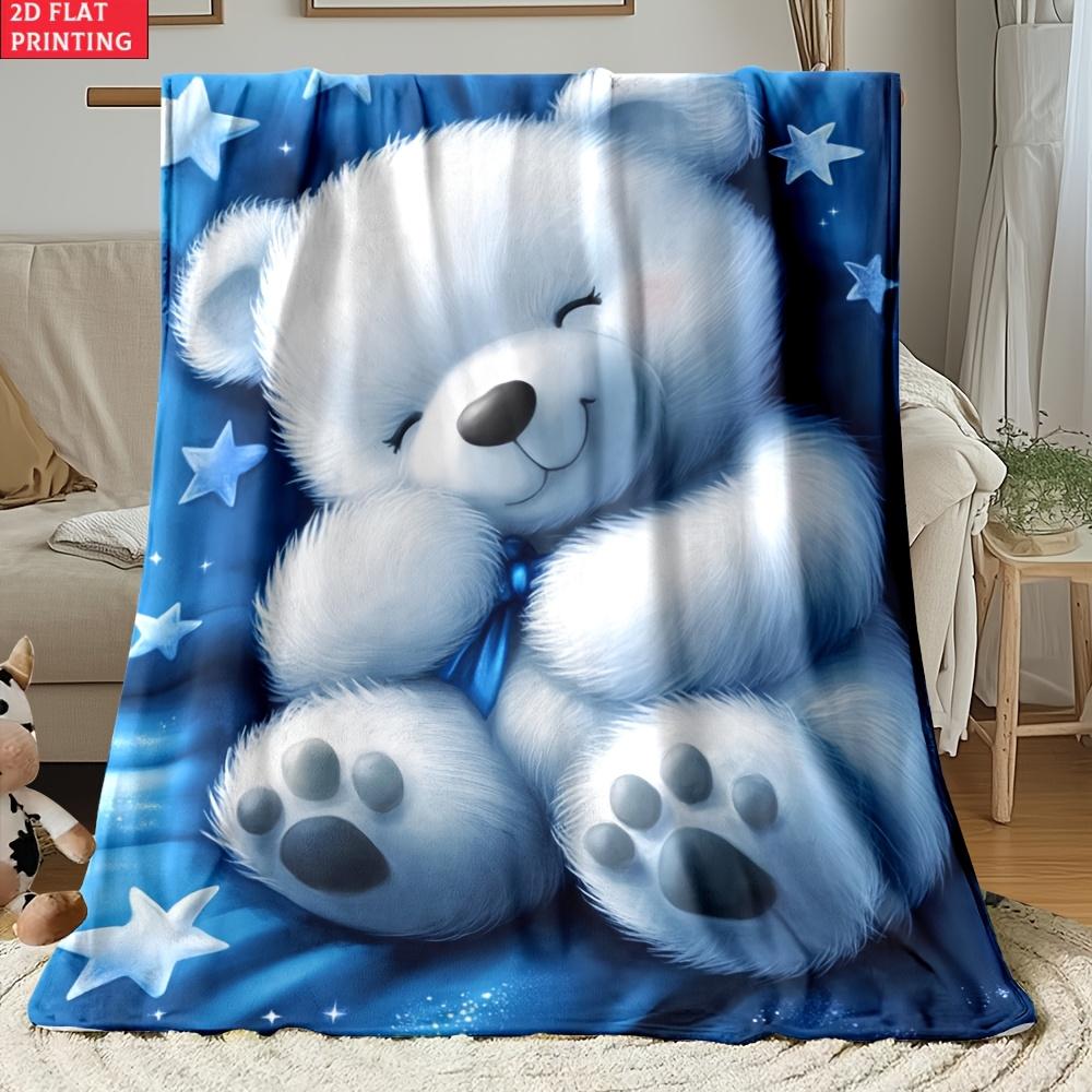 Blue Background Teddy Bear Flannel Blanket Lightweight Digital Print Throw for Sofa Camping Office Bed Winter Warm