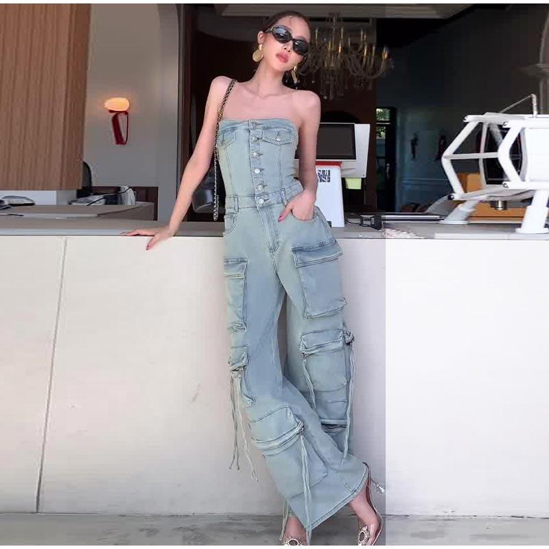 High Street Denim Jumpsuit Women Patchwork Strapless Single Breasted Pockets Wide Leg Jumpsuits 2025 Spring Summer Lady New Solid Color Jumpsuit