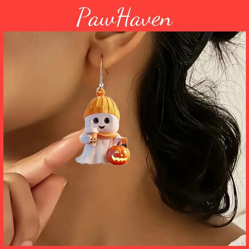 Cartoon Halloween Themed Ghost Milk Tea Pumpkin Pattern Women Earrings Acrylic