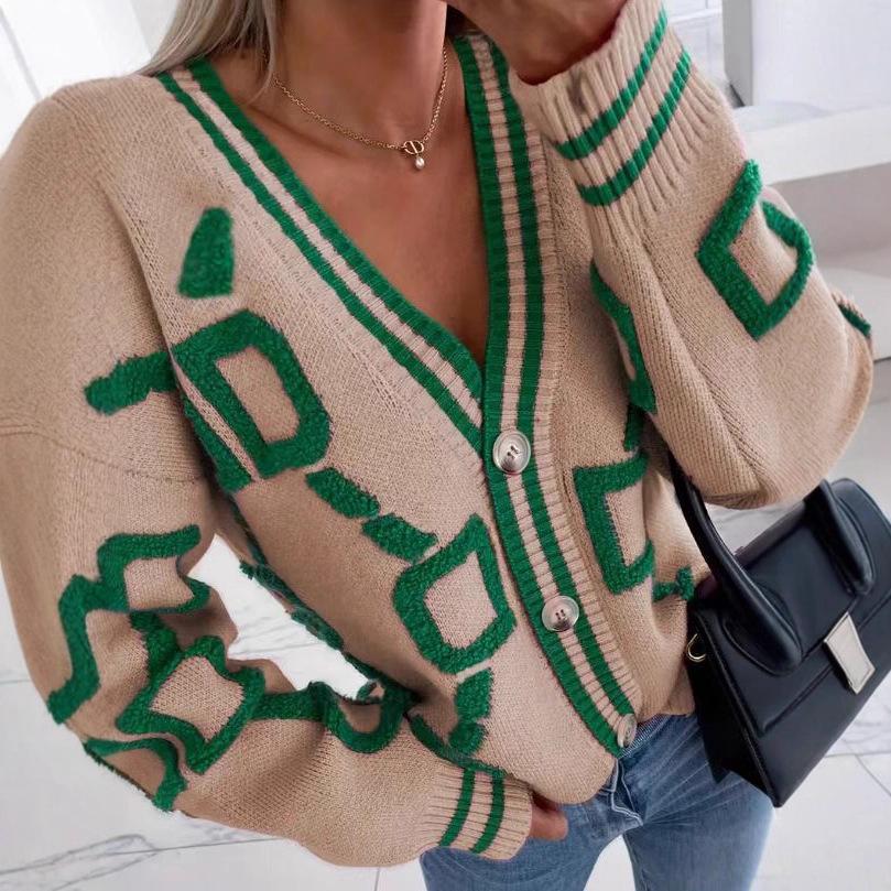 

Chenille Jacquard V-Neck Knit Cardigan - 2025 Autumn Women s Sweater, New European and American Style Large