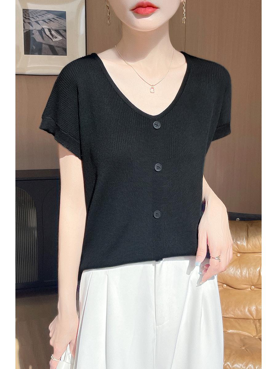 

Женская стильная футболка из шерстяного трикотажа с рукавами-крылышками - Летняя модная футболка с коротким рукавом Extra Large чёрный