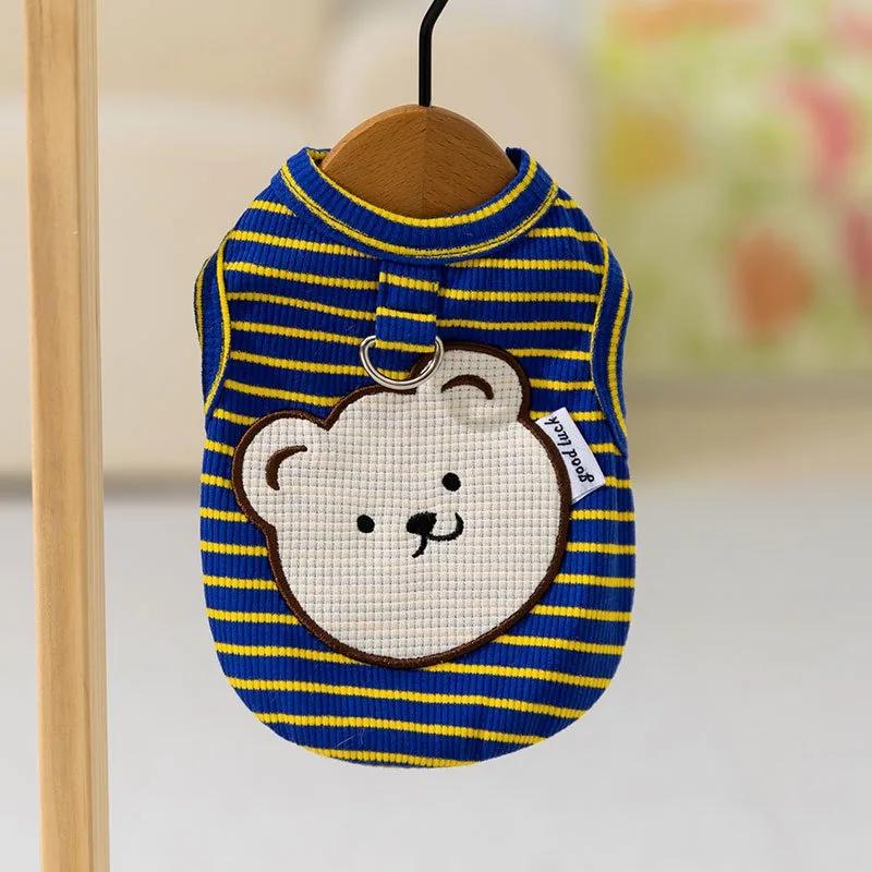 Pet Spring/Summer Striped Tank Top Cartoon Bear Base Shirt Cute Tank Top Teddy Small Dog Two Leg Coat Thin Puppy Clothes
