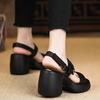 Fashion Block Heel Open Toe Roman Sandals Women's Summer New Round Toe Soft Leather Metal Buckle One-Line Platform Heels