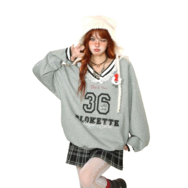 Lace Women's V-neck Sweatshirt Long Sleeved Number Pattern New Pullover Shirt Spring and Autumn Korean Version Lady Top