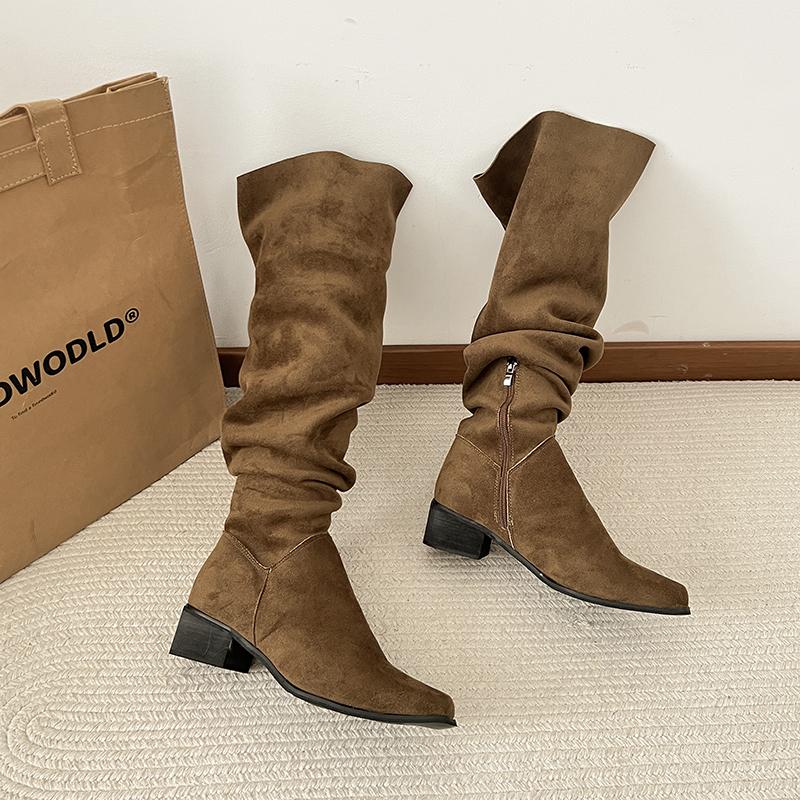 Design Pleated Pointed Toe Women Knee High Boots Fashion Thick Heels Party Dress Long Booties Autumn Winter Ladies Shoes