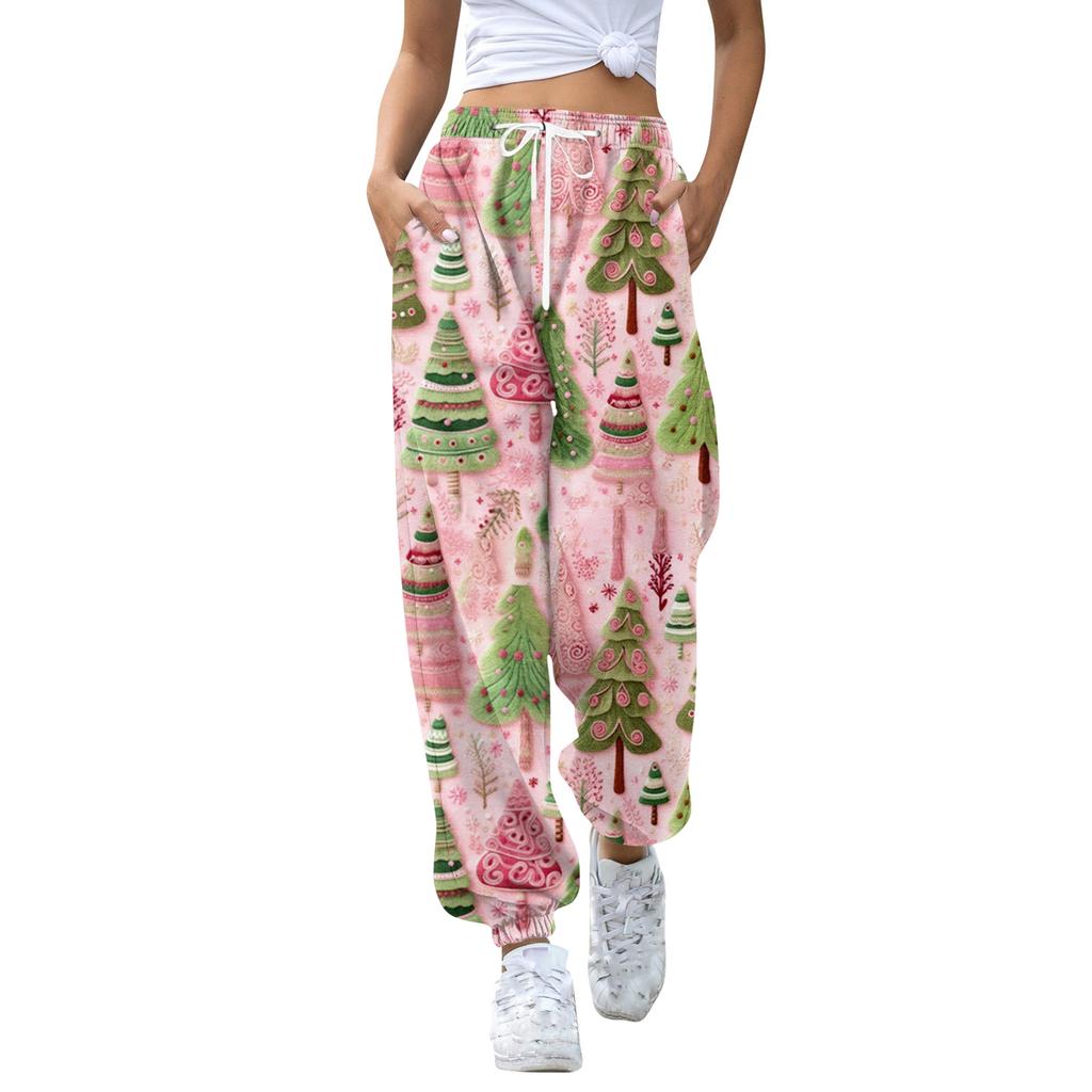Pantalones deportivos casuales de moda para mujer con estampado navideño, cintura con cordón y puños en los tobillos