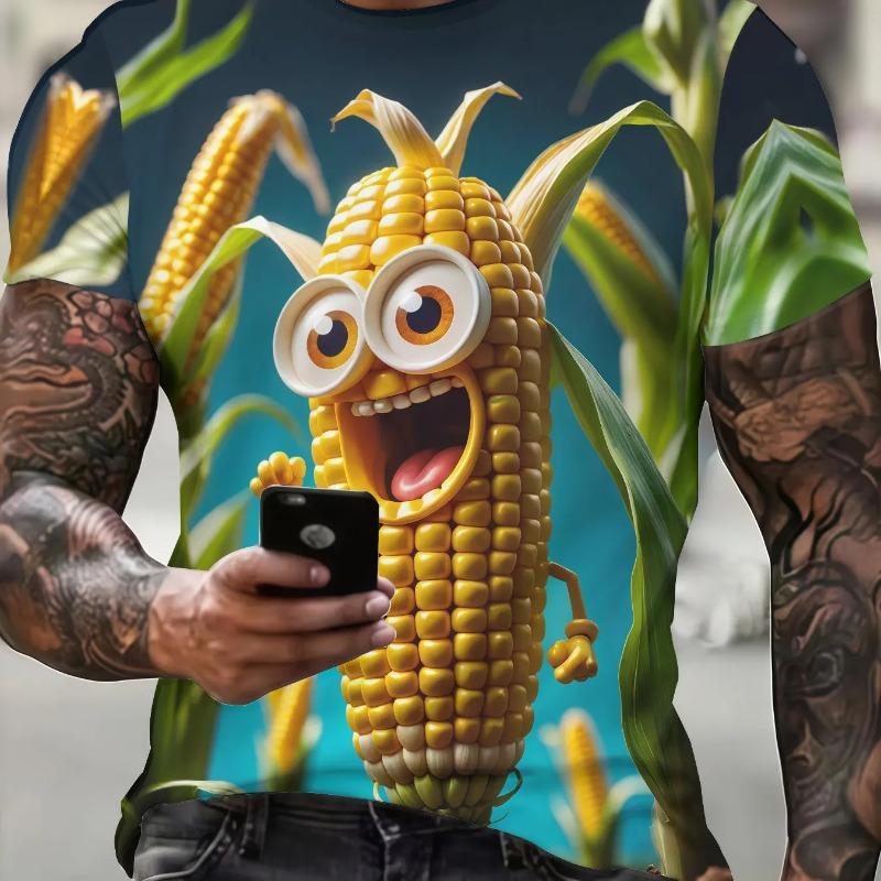 Men's 3D Cartoon Anthropomorphic Corn Cob Farm Leaf Print T-Shirt Crew Neck Short Sleeve Funny Food Casual Tee Top