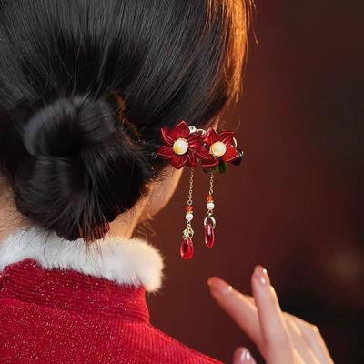 GEMCHIC Women's Chinese Style Red Rose Flower Hair Stick with Tassel, Vintage Wooden Hairpin Elegant Hanfu Headwear Accessory