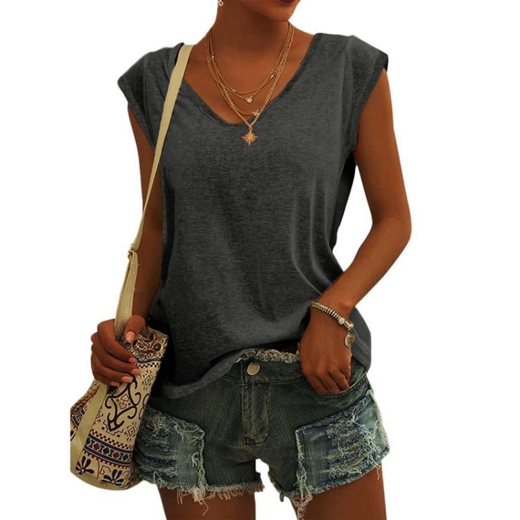 Women Fashion Casual V Neck Loose T-Shirt Solid Color Short Sleeve Top