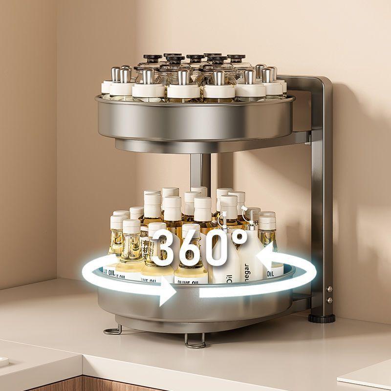 2/3-Tier Rotating Spice Rack Kitchen Countertop Carbon Steel Seasoning Organizer Modern Minimalist Design