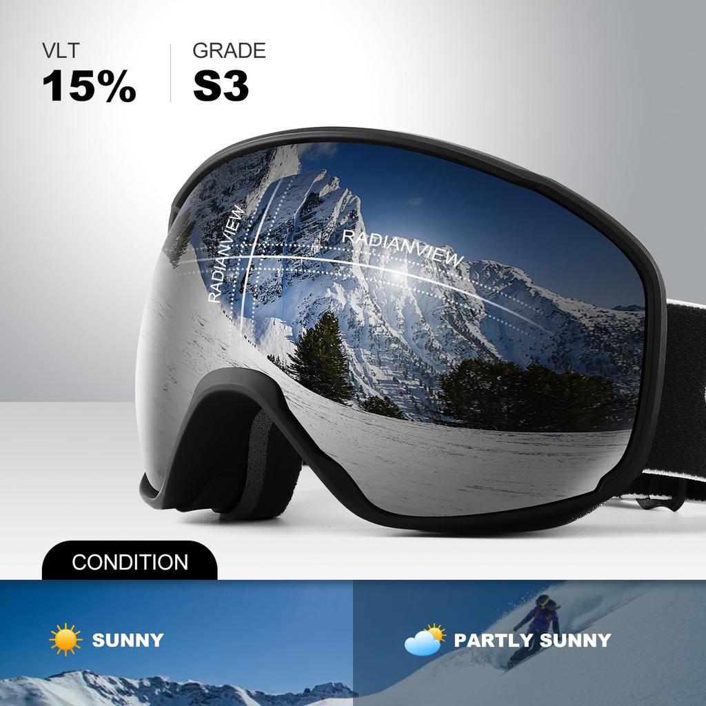 Odoland Snow Spherical OTG Glasses Mirrored UV400 Double Adult Size Silver VLT Goggles, Dual-Layer Lenses, Anti-Fog, Compatible, Lenses, Protection,