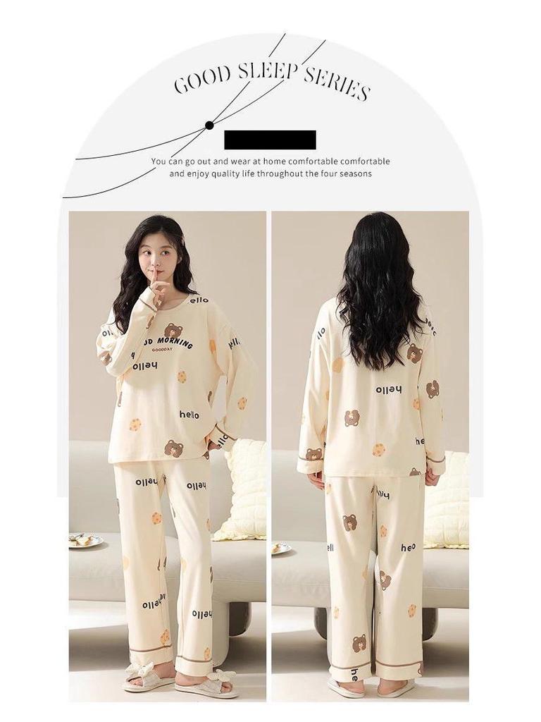 Women's Korean Style Cartoon Long Sleeve Casual Home Set with Chest Pads
