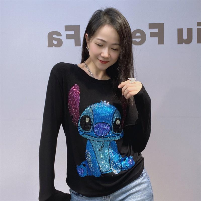 Plus Size Slim Fit Long Sleeve Top Women Round Neck Rhinestone Trim Stretch Cotton Blend Wear