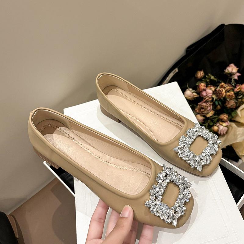 

Soft leather soft bottom rhinestone women s shoes 2025 new fashion casual not tired feet flat bottom shallow mouth square head one pedal single shoes 40