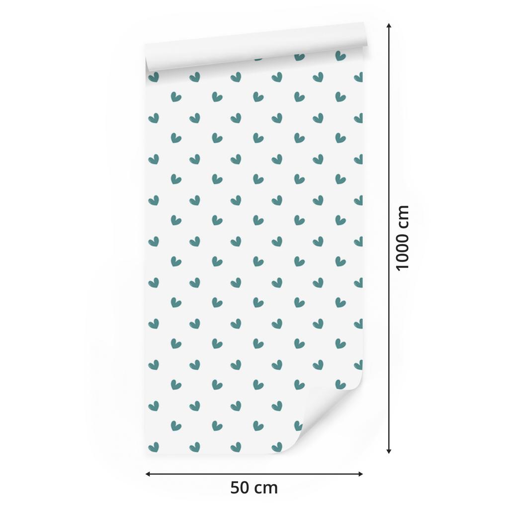 Hearts Wallpaper White, Turquoise and Light Gray 50x1000