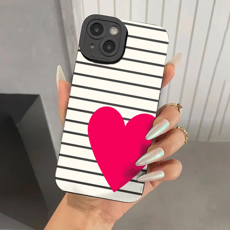 For iPhone 17 Pro Max Valentines Pink Heart White Striped Phone Case For iPhone 16 15 14 13 12 11 Air XS XR X 7 8Plus 16e Cover
