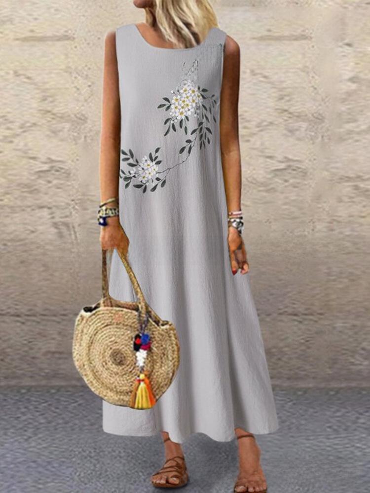 2022 European and American Cotton Linen Sleeveless Round Neck Printed Vest Dress for Women.